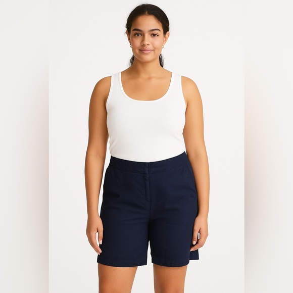 Eileen Fisher Shorts Sz 14 Linen Blend Bermuda Navy Blue Pockets Stretch Comfort - Picture 1 of 14